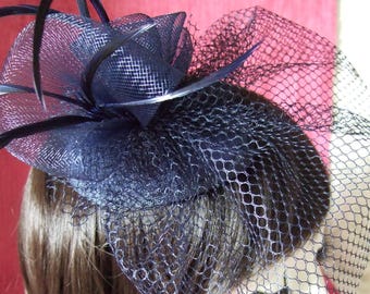 Navy Blue teardrop cap with Navy Blue veil, coiled flowers & feathers. Wedding Hat, Navy Blue Fascinator, Church Hat, Navy Blue Hatinator