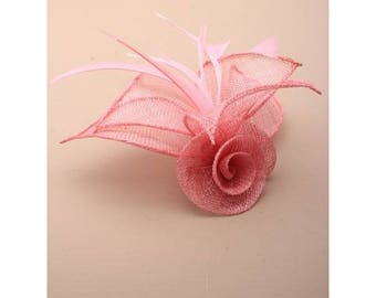 Salmon Pink Sinamay rose with feathers Fascinator on a forked clip & brooch pin. Rose Corsage Brooch, Wedding Fascinator, Pink Fascinator