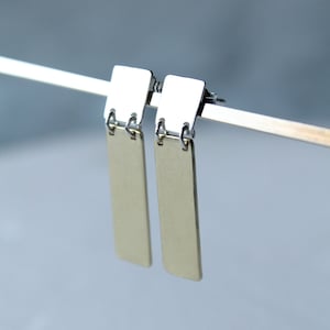 Silver and Brass Rectangular Stud Earrings: Handmade Jewelry