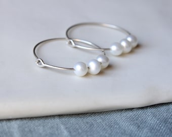 Minimal pearl hoops, Hoop earrings, Pearl earrings, Silver Jewellery, Gold Jewellery