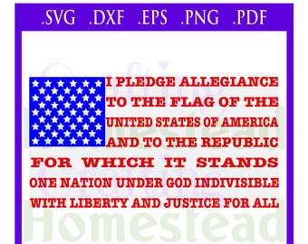 May include: Red, white, and blue American flag with the Pledge of Allegiance text below it. The text reads: "I pledge allegiance to the flag of the United States of America and to the republic for which it stands, one nation under God, indivisible, with liberty and justice for all." The text is in red and the background is white.