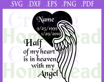 Engel vleugel gedenkteken/herinnering onthoud altijd hart vleugels hemel liefde mis je naam datum /.svg dxf .eps .png .pdf Cricut silhouet