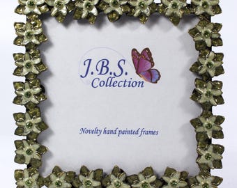 Floral Pattern 3x3 Square Photo Frame, Enamel Painted w/ Crystal Accents, Faberge Style Luxury Gift in Green