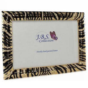 Bejeweled Zebra Pattern 4x6 Rectangle Photo Frame, Enamel Painted w/ Crystal Accents, in Bright Gold/Black Faberge Style Luxury Gift