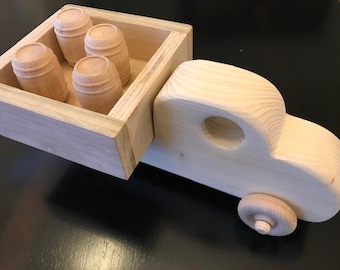FREE SHIPPING!! Handmade Wooden Toy Pick Up Truck With A Cargo Of 4 Hardwood Pickle Barrels