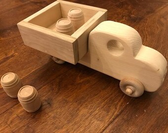 FREE SHIPPING!! Handmade Wooden Toy Pick Up Truck With A Cargo Of 4 Hardwood Pickle Barrels