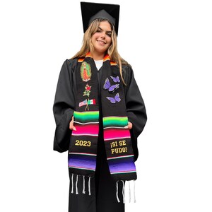 Class of 2023 Mexican zarape sash stole graduation gift embroidered custom personalized sash Virgin the Guadalupe Butterflys Flags text