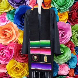 Mexican Black zarape sarape graduation gift ONE day SHIPPING graduation gift virgin and mexican Symbol in bottom sash stole