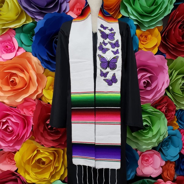 Zarape mexicano regalo de graduación sarape envío de un día regalo de graduación Faja MARIPOSAS PÚRPURAS Estola blanca.