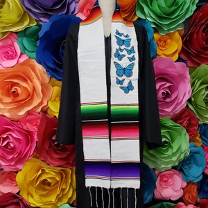 Mexican zarape sarape GRADUATION gift one day shipping graduation gift  BLUE BUTTERFLIES sash white stole.