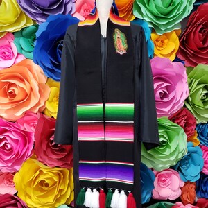 Mexican sarape graduation gift ONE day SHIPPING graduation gift VIRGEN in Top sash stole with pom poms