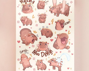 Hoja de pegatinas de hipopótamo pigmeo de Moo Deng / Meme viral de animales kawaii