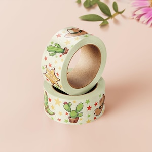 Washi Tape Cowboys & Cactus | Oeuvres d'art mignonnes de plantes succulentes du shérif occidental, bordure de planificateur kawaii jaune, ruban décoratif pour journalisation de balles