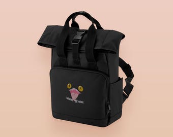 Definitely Not A Mimic Embroidered Roll Top Backpack: Funny Meme DND Fantasy Monster Mimic Chest