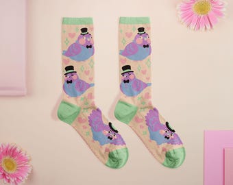 Fancy Pigeon Cotton Crew Socks | Whimsical Knitted Bird Design