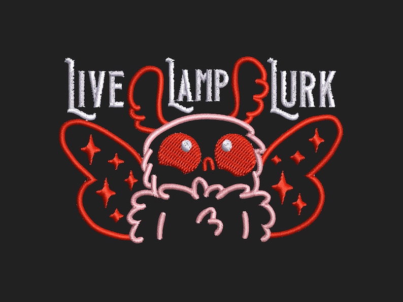 May include: Embroidered design on a black background featuring the text "LIVE LAMP LURK" above a cartoon moth-like creature with red eyes and wings. The design includes red and white thread.