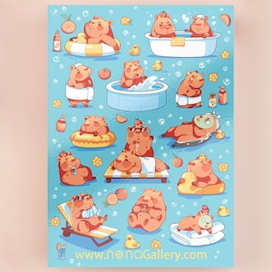 Peut inclure: Illustration fantaisiste d'hippopotames en journée spa. Les hippopotames sont représentés dans diverses poses relaxantes, comme se prélasser dans un bain, sur une chaise longue et flottant sur un anneau de piscine. Le fond est bleu clair avec des bulles et des oranges.