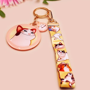 Meme Cats Lanyard Keychain | Keyring Funny Quote Cute Relatable Memes Wristlet Charm Tiktok Viral Popcat Emote Smudge Cat Reaction Crying