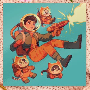 Impresión artística de gatos en el espacio / Lindas impresiones retro del sistema solar, ilustraciones de galaxia, astronauta espacial, gato, decoración del espacio exterior, arte de pared para dormitorio infantil