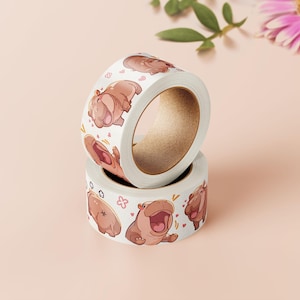 Fita Washi de Hipopótamos Pigmeus | Arte de Haggis Moo Deng Viral Fofa, Animais Bebês, Borda Decorativa para Planejador Kawaii, Fita para Artesanato e Diário de Balas