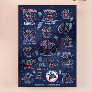 May include: A dark blue poster featuring multiple cartoon Mothman illustrations with various phrases. The Mothman characters are in shades of blue, red, and black. Text includes "Mothman Fanclub", "Emotional Support Cryptid", and "Mothman for President".