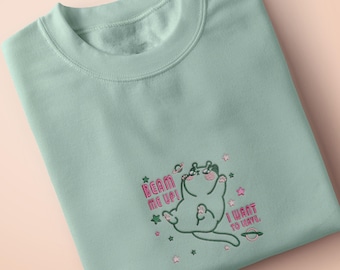 Alien Cat Embroidered Organic Cotton T-shirt: Funny Space Top