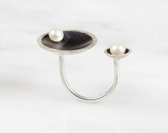Sterling Silver Double Ring, Freshwater Pearl, Modern Minimalist Band, Oxidized Finish
