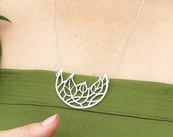 Openwork Sterling Silver Leaf Necklace, Art Nouveau Pearl Pendant
