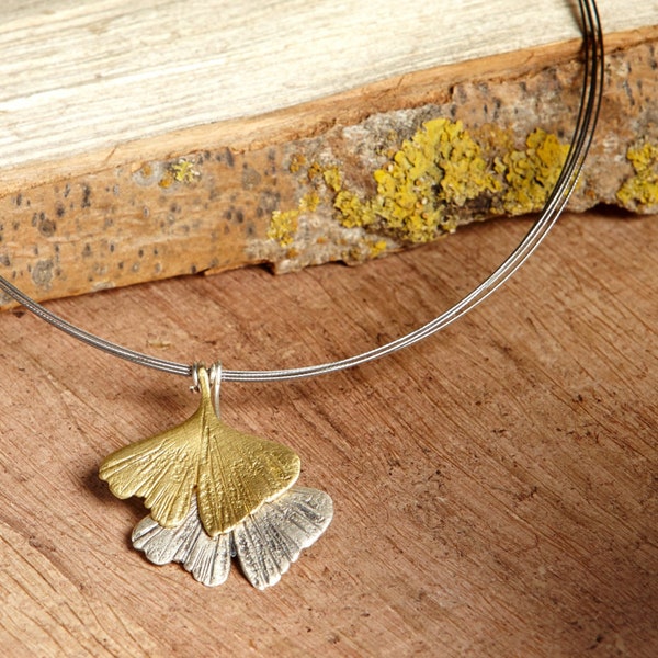 Ginkgo Biloba, Ginkgo Blatt Anhänger, Silber Ginkgo, Ginkgo Halskette, Silber und Bronze Ginkgo, Brautjungfer Geschenk, Hochzeitsgeschenk, boho