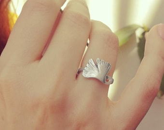 Sterling Silver Ginkgo Leaf Ring, Botanical Boho Jewelry, Adjustable Size