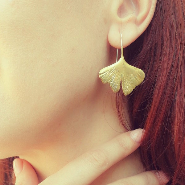 Ginkgo Earrings, Bronze Leaf Earrings, Silver Fish Hook, Ginkgo Design, Art Nouveau, Botanical Design, Bridesmaid Earrings