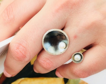 Oxidized Sterling Silver Double Ring, Pearl Accent, Modern Jewelry