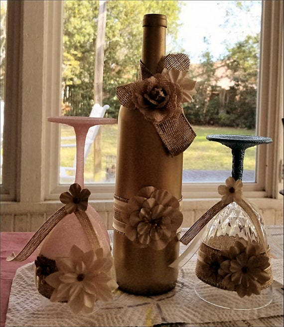 Gold Bottle And Wine Glasses Set Bottle Decor Center Etsy