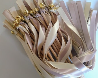 50 Ribbon Wands - Champagne and Ivory w/ Gold Bell- Wedding-Celebration - After The Kiss - Customize- Parties- Fast Shipping