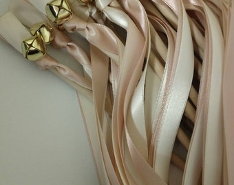 50 Ribbon Wands - Blush and Ivory w/ Gold Bell- Wedding-Celebration - After The Kiss - Customize- Parties- Fast Shipping