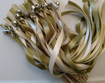 50 Ribbon Wands: Sage and Ivory w/ Silver Bell- Wedding, Celebration, Customize