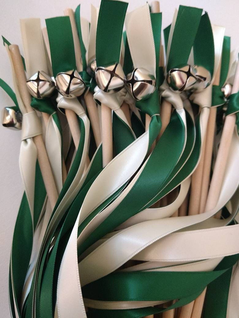 50 Ribbon Wands - Green and Ivory w/ Silver Bell- Wedding - Celebration - After The Kiss - Customize- Parties