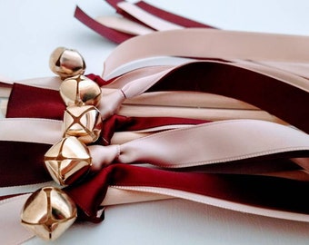 50 Ribbon Wands - Burgundy and Blush w/ Gold Bells -Celebration - Wedding- Bell Wands - Customize- Parties- Fast Shipping