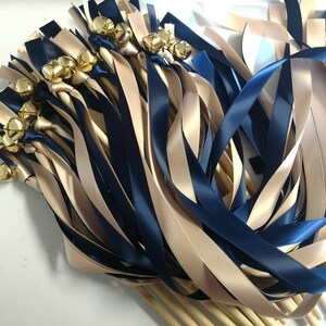 50 Ribbon Wands - Navy and Blush w/ Gold Bell- Wedding-Celebration - After The Kiss - Customize- Parties- Fast Shipping