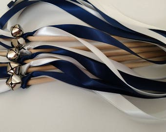 25 Ribbon Wands - Navy and White w/ Silver Bells- Wedding-Celebration - After The Kiss - Customize- Parties- Fast Shipping