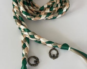 Emerald, Sage, Gold and Ivory Handfasting Ceremony Braid- Antique Bronze Claddagh 6 feet- Wedding- Braided Together