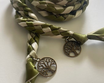 Handfasting Cord: Moss Sage Ivory with Bronze Tree of Life, Wedding Ceremony Braid