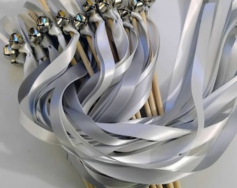 50 Ribbon Wands - Silver and White w/ Silver Bell- Wedding-Celebration - After The Kiss - Customize- Parties- Fast Shipping