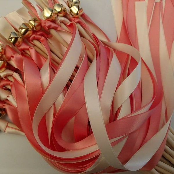 50 Ribbon Wands - Coral and Ivory w/ Gold Bell- Wedding-Celebration - After The Kiss - Customize- Parties- Fast Shipping