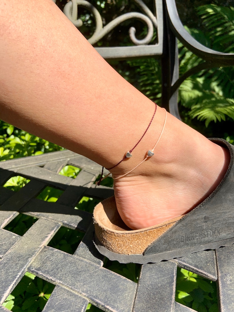 Boho Summer Body Jewelry Ready to Ship Beachy Ocean Anklets Dainty Heart Charm Anklet Polyester Waxed Cord Adjustable Bracelet