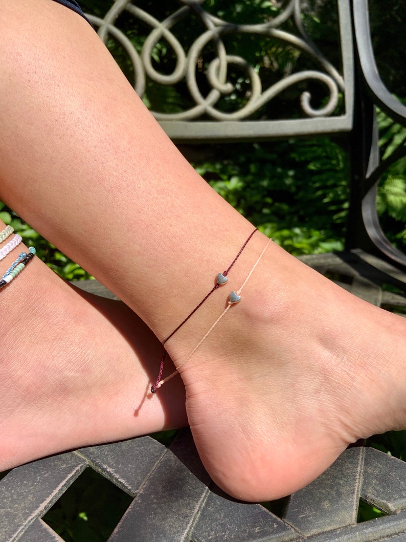 Boho Summer Body Jewelry Ready to Ship Beachy Ocean Anklets Dainty Heart Charm Anklet Polyester Waxed Cord Adjustable Bracelet
