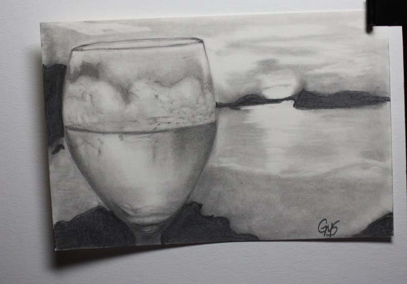 Wine at Sunset 4 x 6 pencil drawing Original pencil drawing