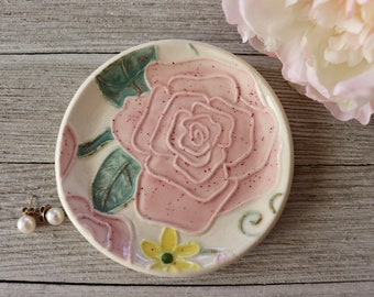 Peony Flower wedding ring dish handmade pottery IN STOCK Grammy Gift ring holder Green and Gold Heart
