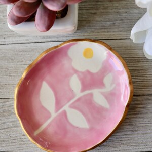 Floral Jewelry Dish, Ring Dish, Ring Holder, Pink Botanical, Flower, Hand Painted Botanical, Art Pottery, Plant lover Gift, Bloom image 7