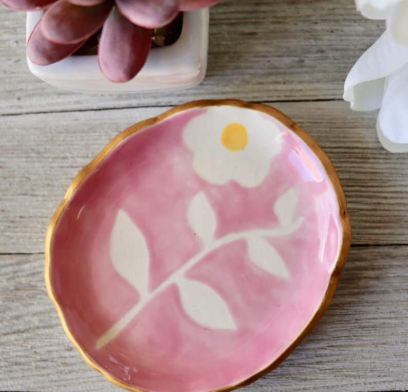 Floral Jewelry Dish, Ring Dish, Ring Holder, Pink Botanical, Flower, Hand Painted Botanical, Art Pottery, Plant lover Gift, Bloom image 7